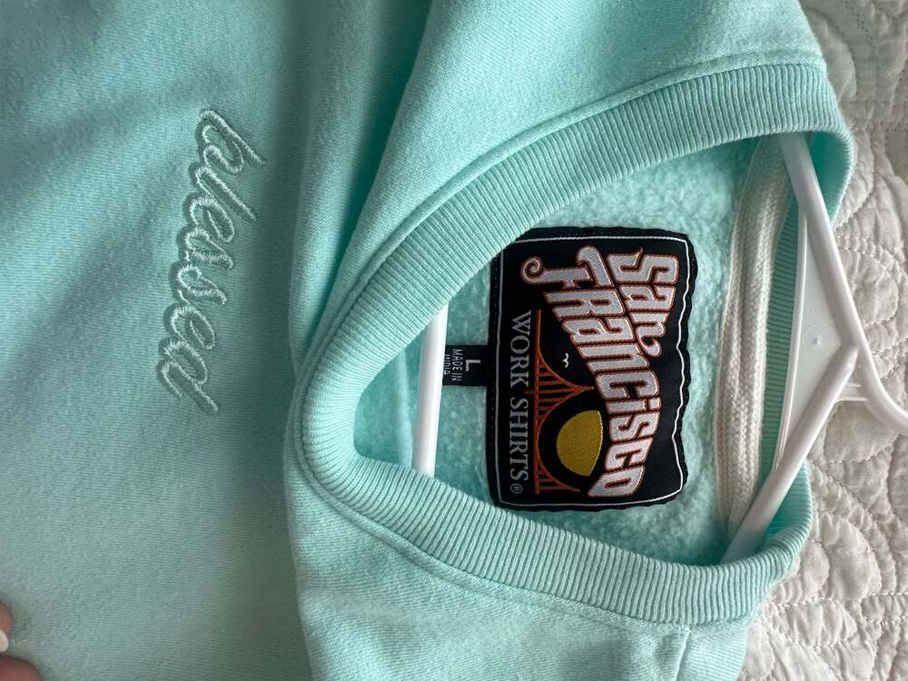 San Francisco Work Shirts Blessed Embroidered Sweatshirt Light Blue Size L